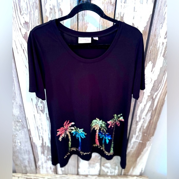Dream Knit by Quaker Factory Palm Tree Sequin Top size  Medium Black - Picture 1 of 6